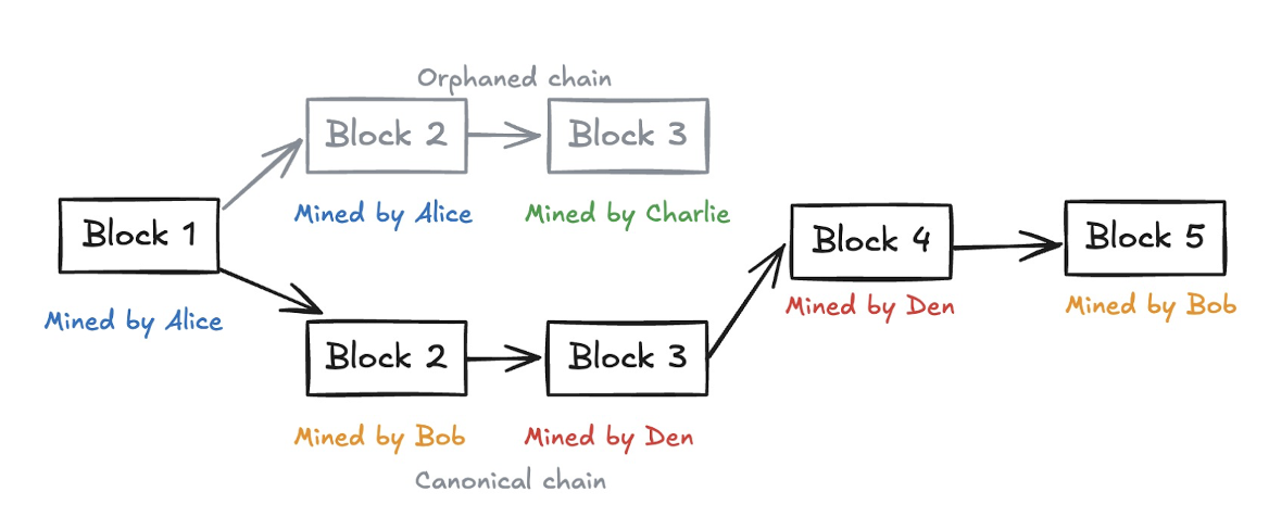 Diagram showing an orphaned chain branch greyed out above the canonical chain that continues through Block 5